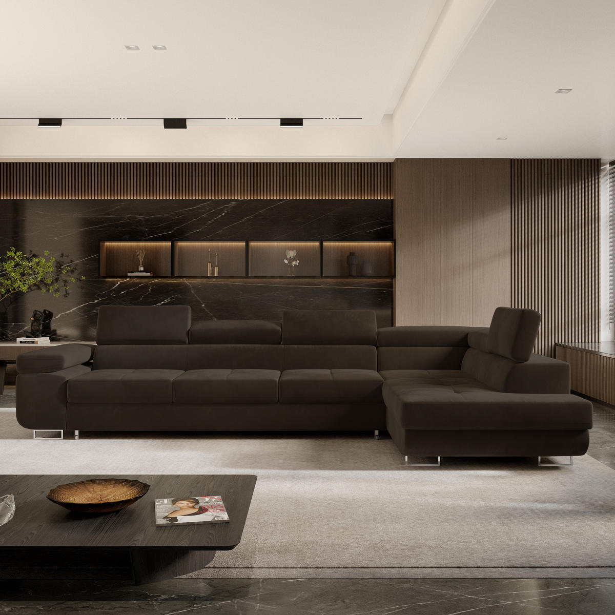 ROHOVÁ SEDAČKA VICENTE hnědá - stříbrná/hnědá, dřevo/kompozitní dřevo (346/202cm) - MASSENO