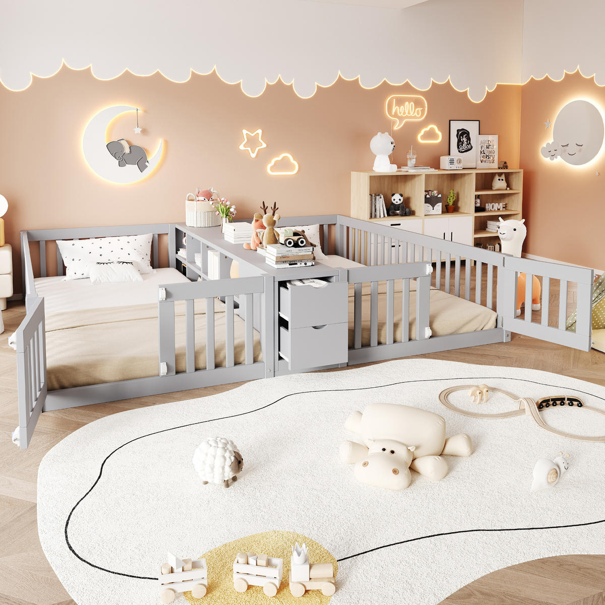 KINDERBETT 90/200 cm & 90/200 cm in Grau mit 2 Schubladen und Regal - Grau, Holz/Holzwerkstoff (90/200cm) - CHICFURN