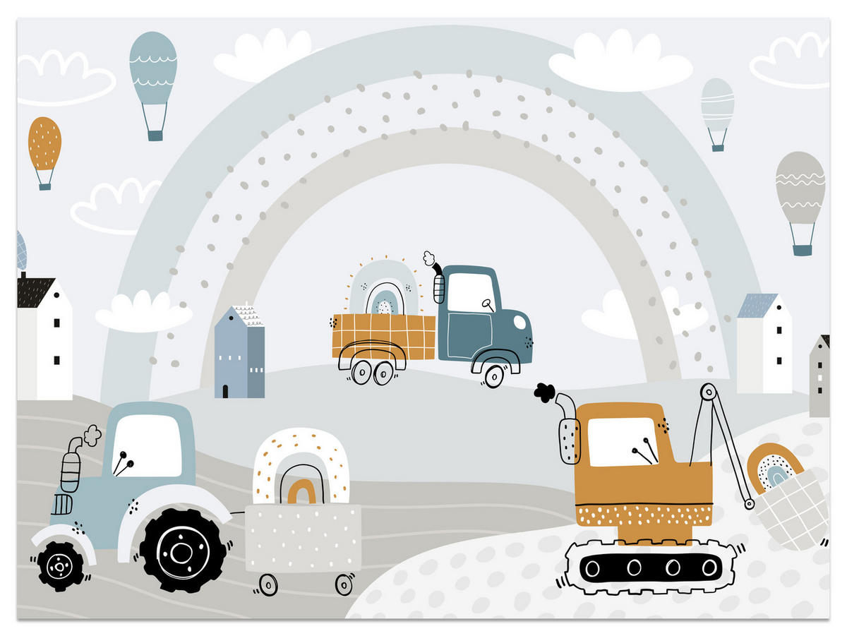 FOTOTAPETE für Kinderzimmer Baumaschinen Regenbogen Hügel Wolken 350x256 - Blau/Beige, Papier (350/256cm) - Muralo