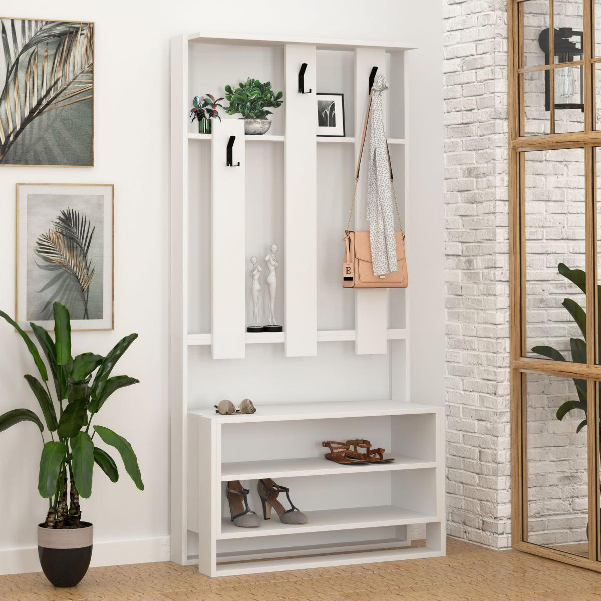 EINGANGSMÖBEL mit 3 Regalen und 3 Haken für Kleiderbügel H180 cm - Chester - Weiß, Holzwerkstoff (36/180/90cm) - Calicosy