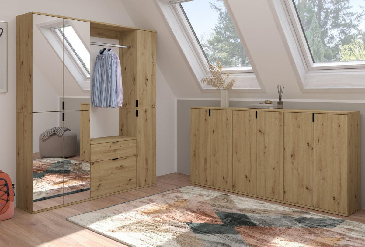 KOMMODE Eiche Artisan 122 cm, Schuhschrank mit 12 Fächern - Schwarz/Eiche Artisan, Holzwerkstoff/Metall (122/99/34cm) - Inn.Furn