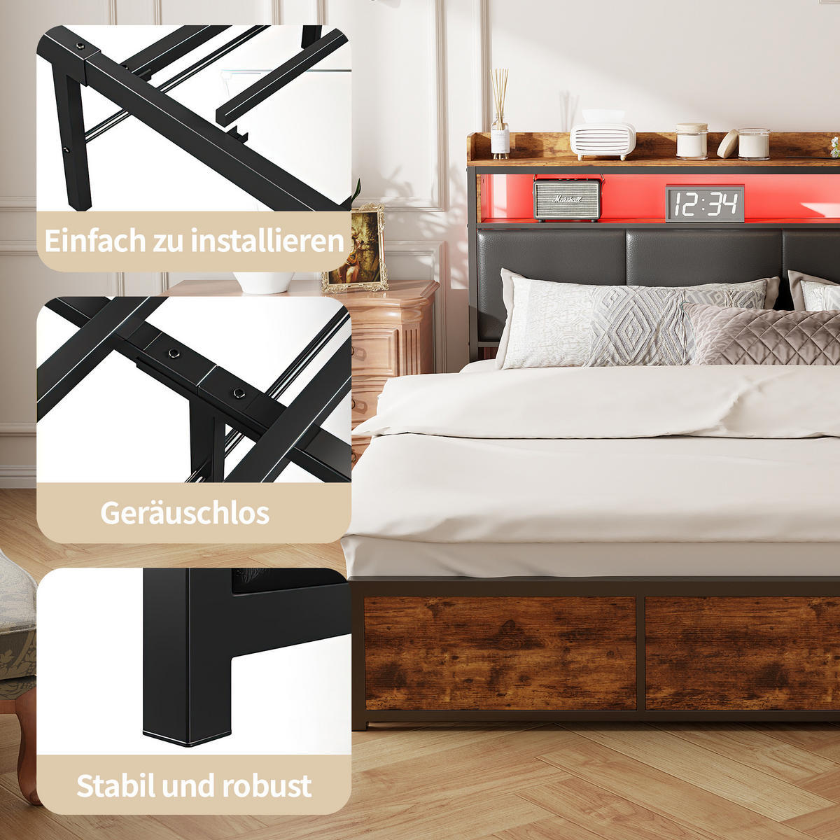 POLSTERBETT 180x200 cm, Schwarz, LED-Beleuchtung, 4 Schubladen - Schwarz, Textil/Metall (180/200cm)
