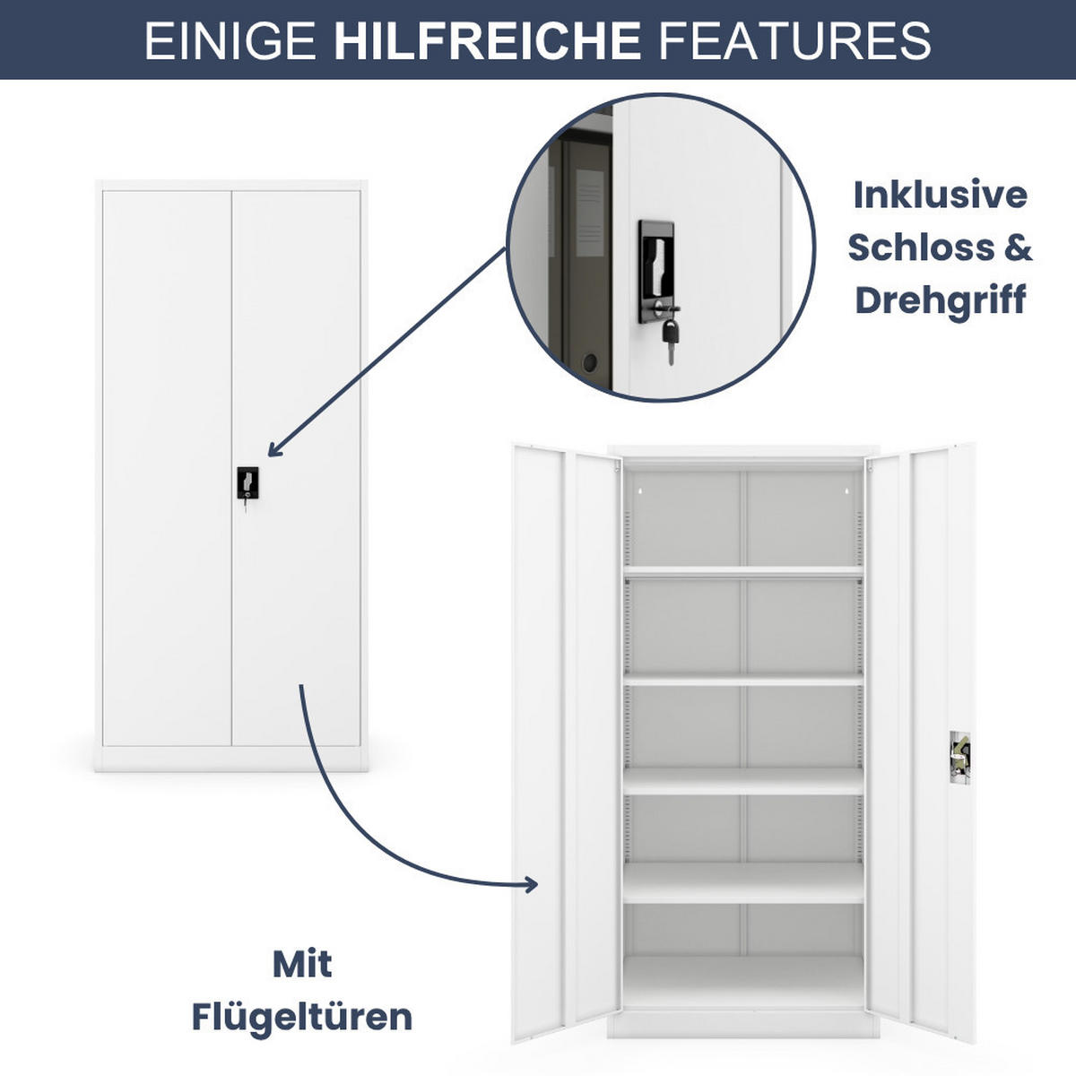 AKTENSCHRANK abschließbar KADO Flügeltüren 195x90x60cm Weiß - Weiß, Metall (90/195/60cm) - DELUKE