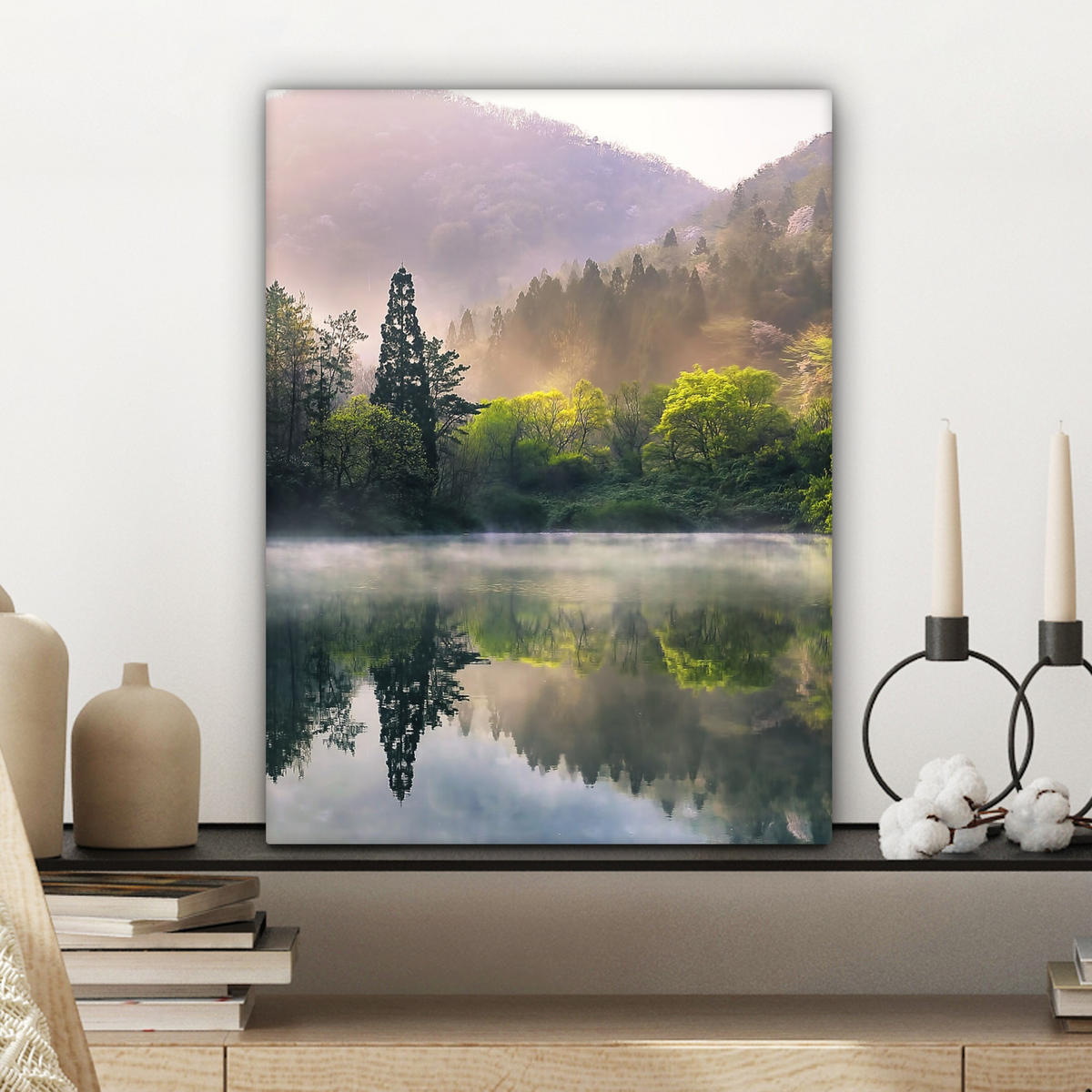 LEINWANDBILD Natur - Bäume - Berge - See - Wasser 30x40 cm - Hellgrün, Textil (30/40cm) - MuchoWow