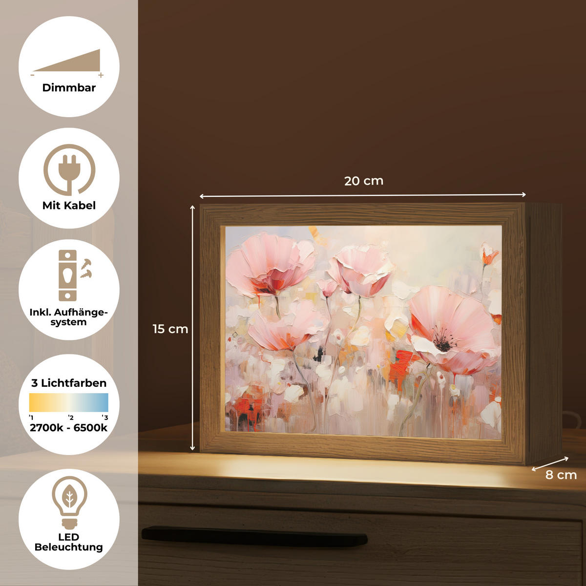 STOLNÍ LAMPA Květiny - Akvarel - Růžová - Abstraktní - Umění 20x15 cm - antracitová, kompozitní dřevo (8/20/15cm) - OnlyWow