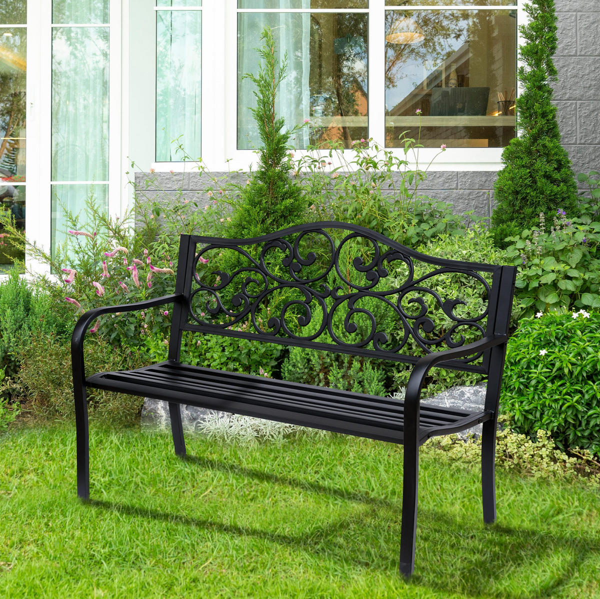 ZAHRADNÍ lavice 127/60/89 cm černá z oceli a litiny s područkami pro 3 osoby - černá, kov (60/89/127cm) - OKWISH