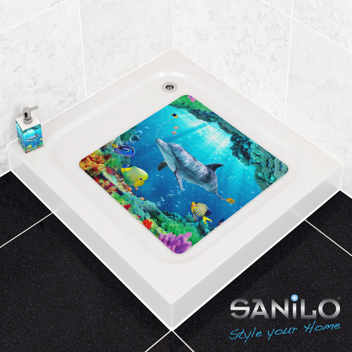 BADEMATTE Delphin Korallen - Blau, Kunststoff (53/53cm) - Sanilo