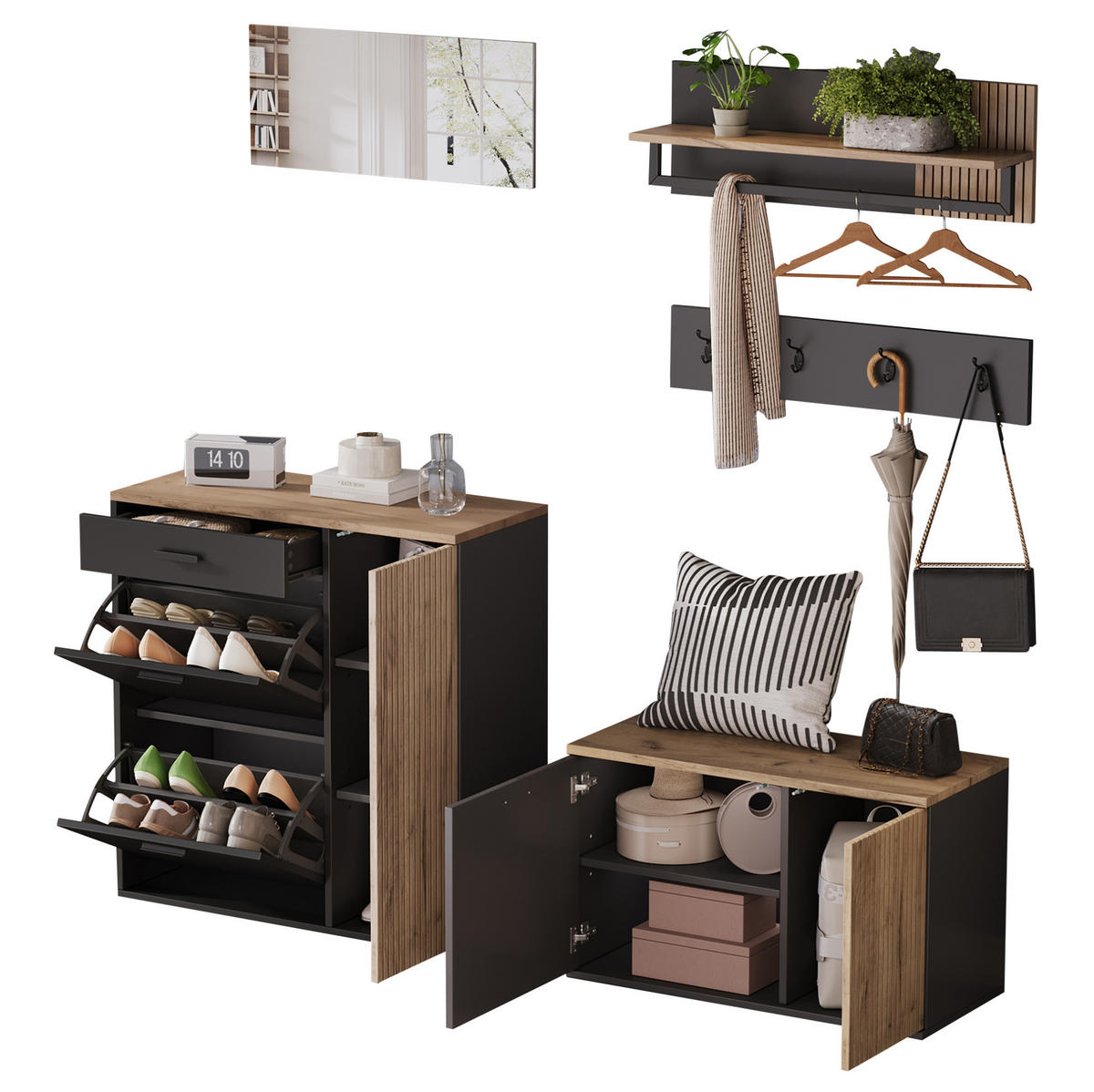 SCHUHSCHRANK 85/36/85 cm in Natur/Schwarz mit Schuhschrank und Sitzbank - Naturfarben, Holzwerkstoff (85/85/36cm) - Flora Grace