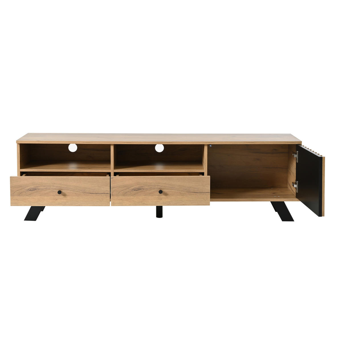 TV-SCHRANK aus Spanplatte 150x38x44 cm Naturholzfarbe/Schwarz mit 2 Schubladen, 1 Schrank und halboffenen Fächern - Naturfarben, Holzwerkstoff (150/44/38cm) - Modfu