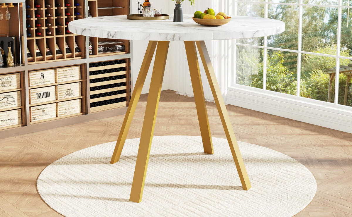 ESSTISCH 80x80x75 cm in Weiß und Gold aus MDF mit weißer Marmoroptik - Weiß, Holzwerkstoff (80/80/75cm) - Modfu
