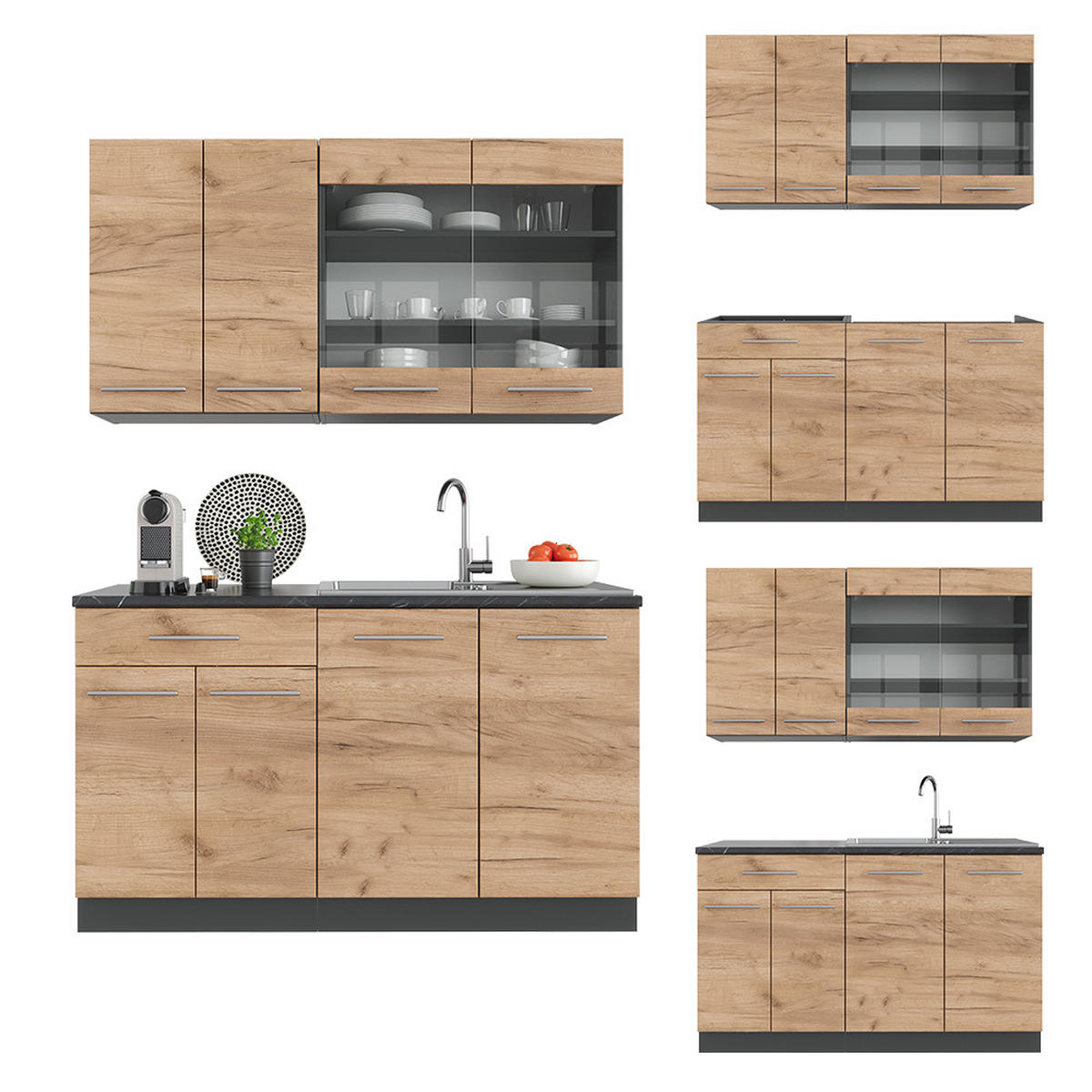 SINGLEKÜCHE Fame-Line Goldkraft Eiche/Anthrazit 140 cm ohne AP - Honigeiche/Anthrazit, Holzwerkstoff (140/81.6/46cm) - Vicco
