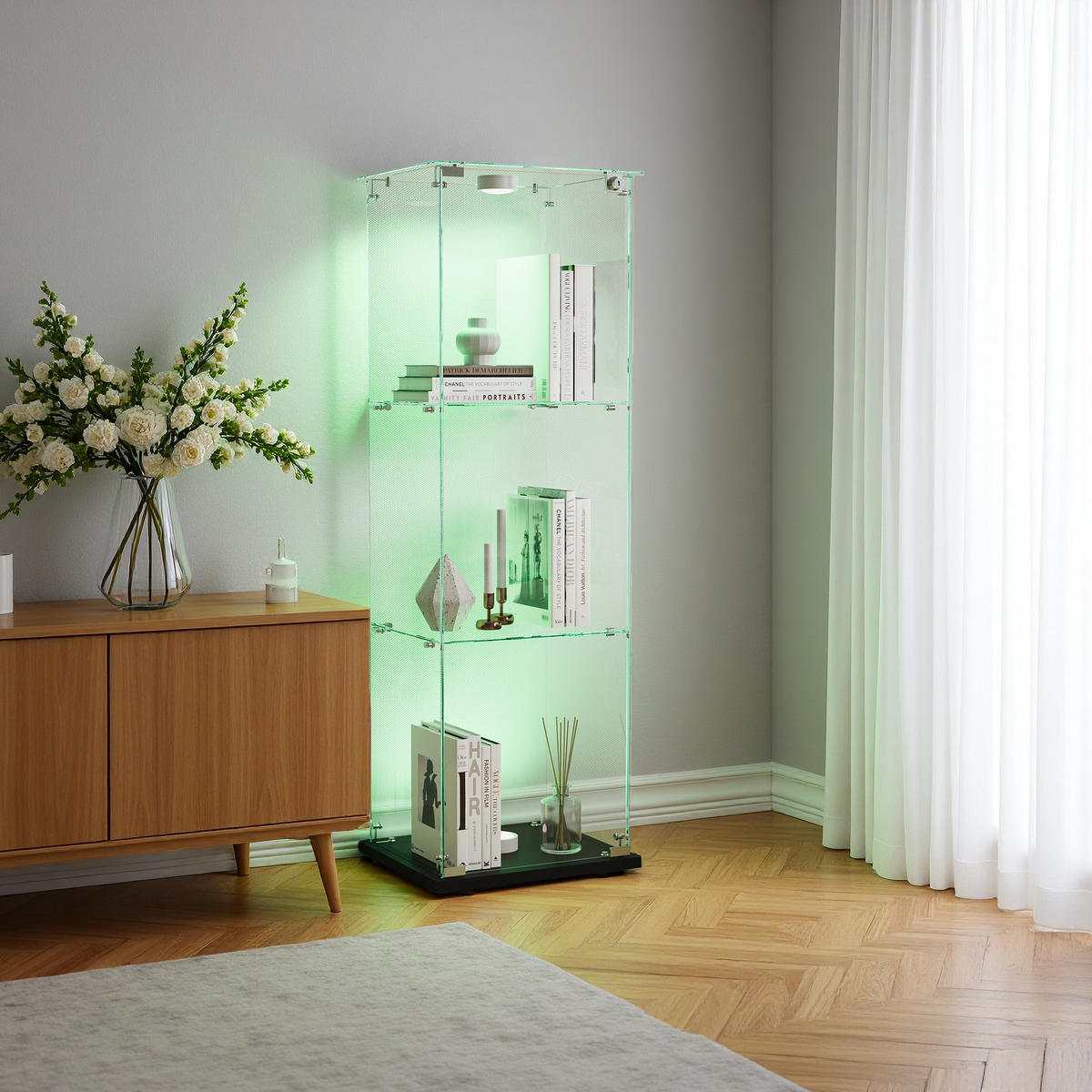 VITRINE mit LED, abschließbar & schwarzem Sockel, 123,3x39,8x35cm - Schwarz, Glas (35/123.3/39.8cm) - SHOPENTRA