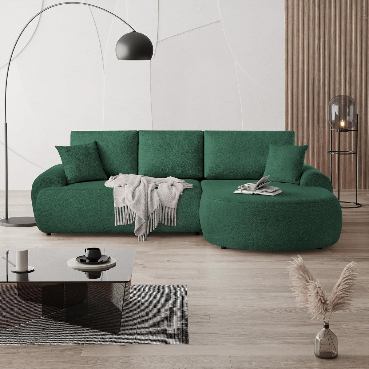 ECKSOFA Teddy L dunkelgrün, Bouclé-Stoff, rechts - Schwarz/Grün, Textil (270/170cm) - Beautysofa