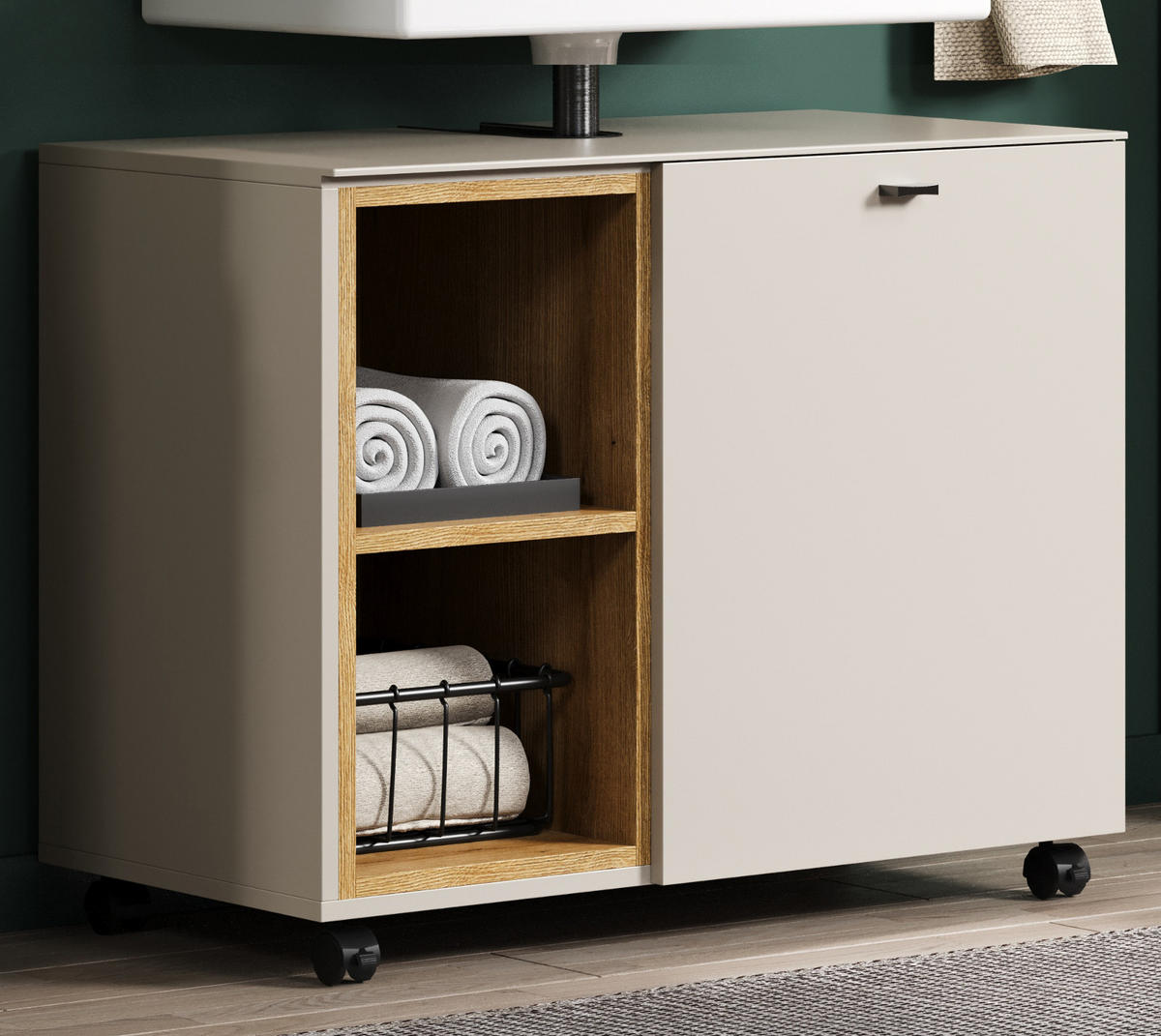 WASCHBECKENUNTERSCHRANK Sand, Evoke Eiche 80 cm, Badschrank auf Rollen, Soft-Close - Sandfarben/Kaschmir, Holzwerkstoff/Metall (80/64/42cm) - Top.Furn