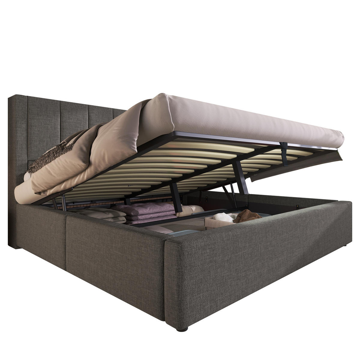 POLSTERBETT aus Leinen 140x190 cm Grau mit Bettkasten, USB-Ladestation und Becherhaltern - Grau, Textil (140/190cm) - IVMEU
