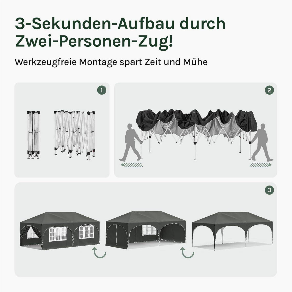 PAVILLON, Faltpavillon 3x6 m, mit 6 Seitenwänden, Grün - Grau, Metall (300/250/600cm) - Woltu