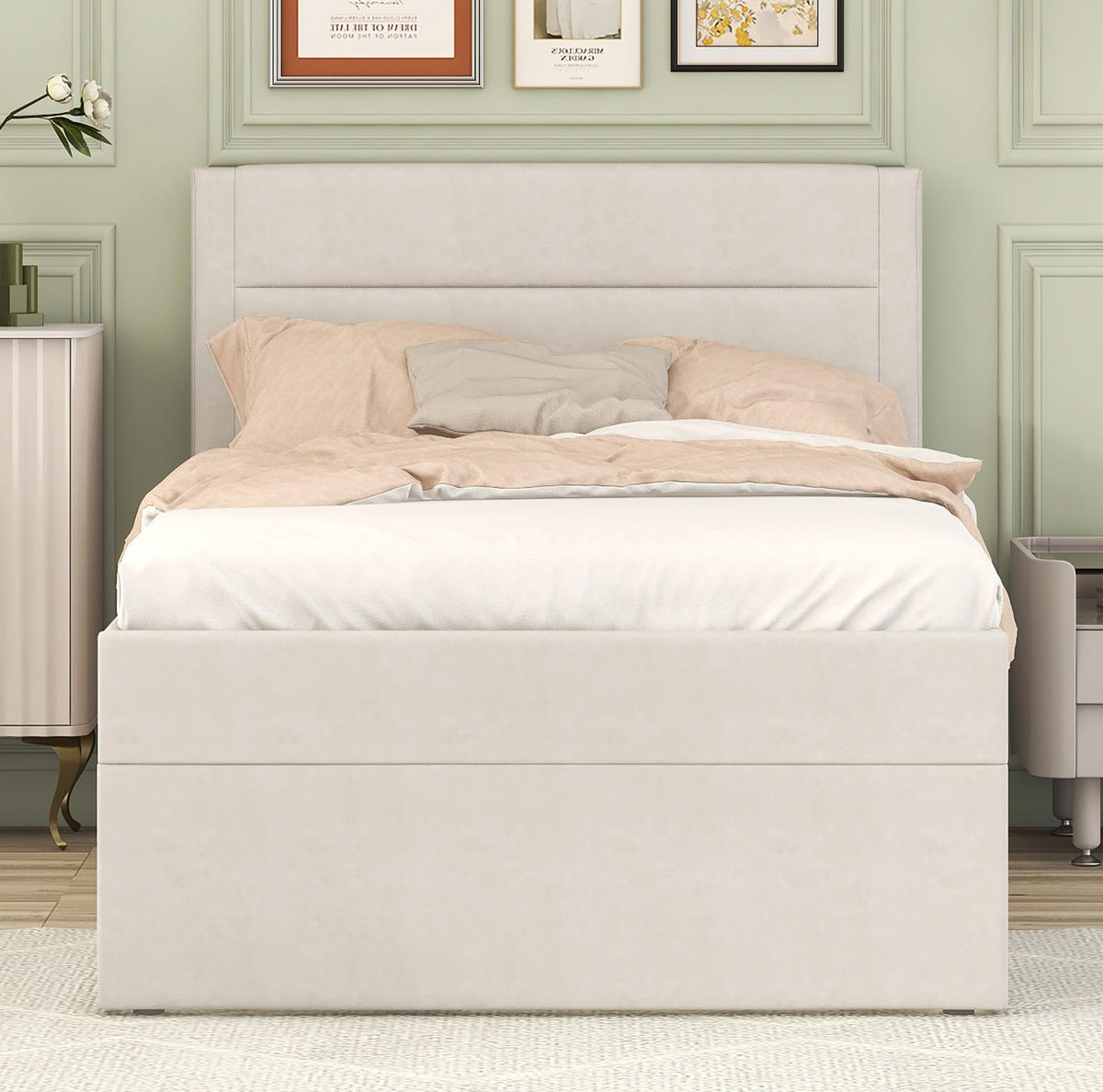 POLSTERBETT 90/200 cm Beige mit Stauraum und Lattenrost - Beige, Holzwerkstoff (90/200cm) - Flora Grace