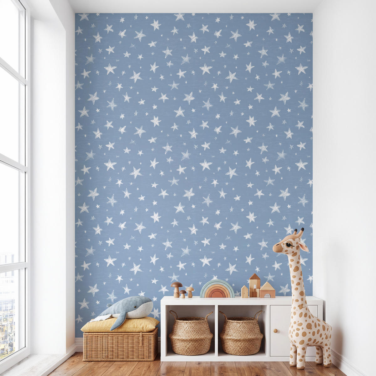 KINDERTAPETE - Sterne - Muster - Blau - 200x300 cm - Hellblau, Papier (200/300cm) - OnlyWow