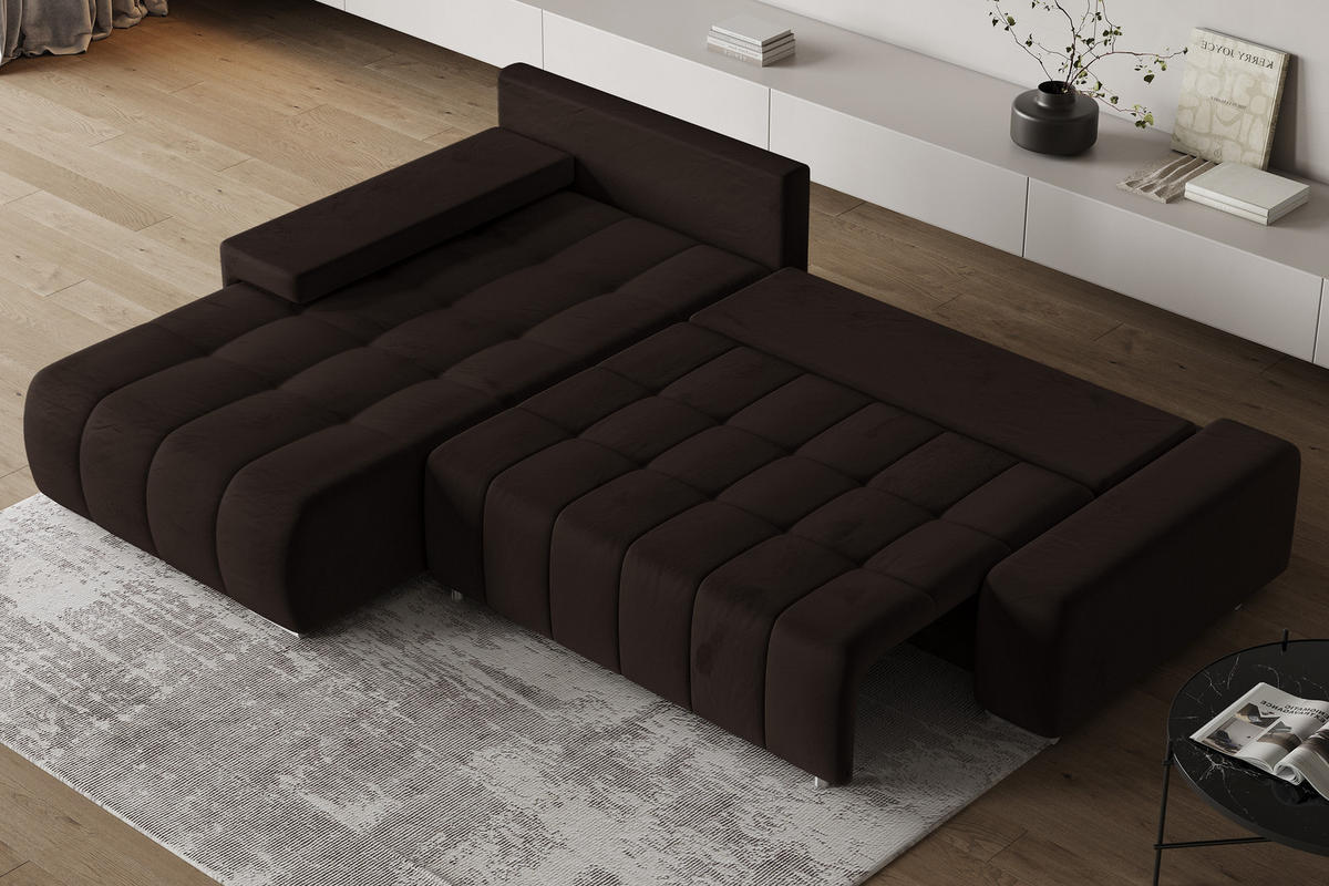ECKSOFA ALESE L-S Braun Velours-Stoff mit Schlaffunktion - Braun, Holz (265/185cm) - MASSENO