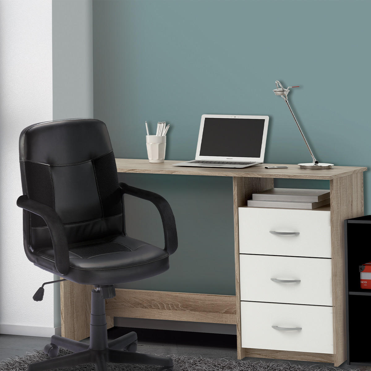 SCHREIBTISCH 1 Fach 3 Schubladen L123 cm - Aristote - Eichefarben/Weiß, Holzwerkstoff (123/50.1/76.5cm) - Calicosy