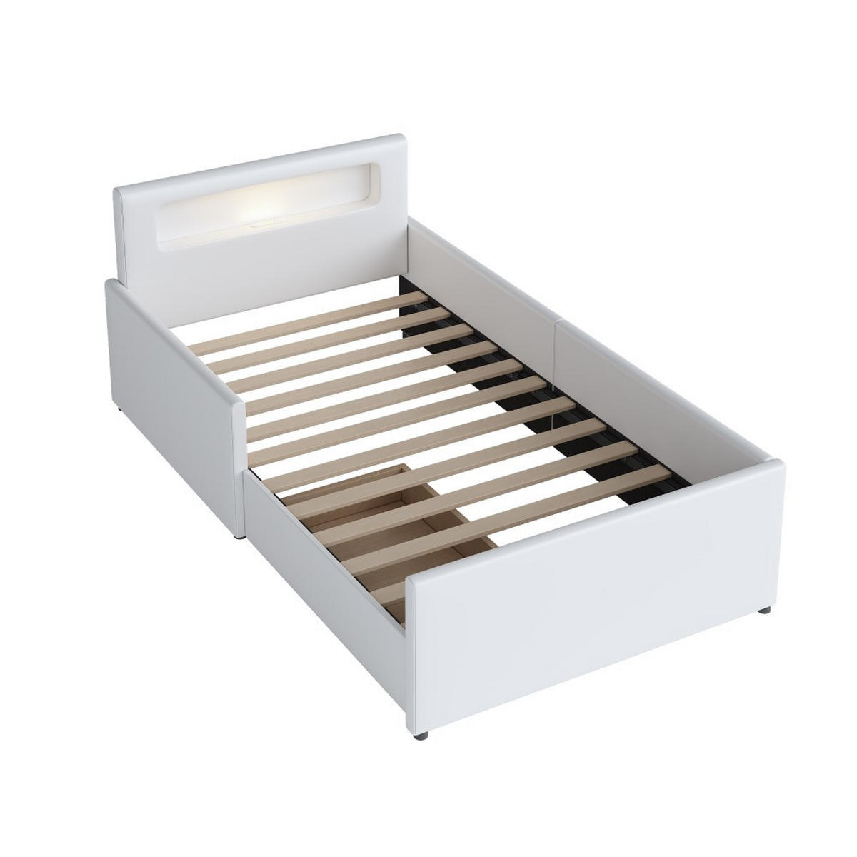 POLSTERBETT 90x200 cm mit Nachtlicht und USB-Ladeanschluss in Weiß - Weiß, Leder/Holz (90/200cm) - KOMHTOM