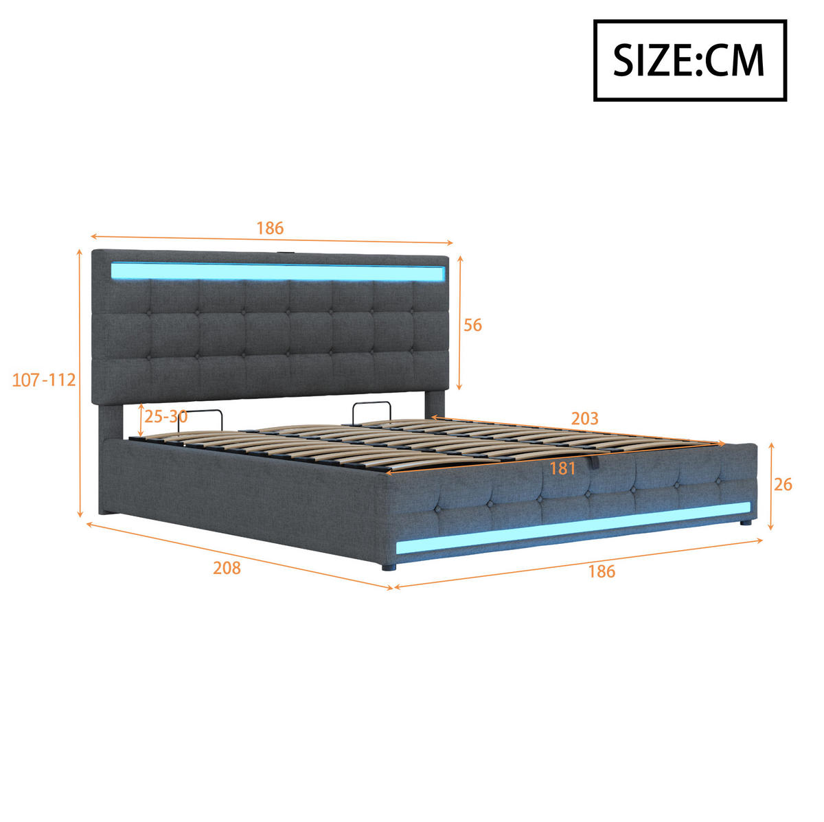 POLSTERBETT 180/200 cm Grau aus Stoff mit LED-Beleuchtung und USB - Grau, Textil (180/200cm) - OKMYHOME