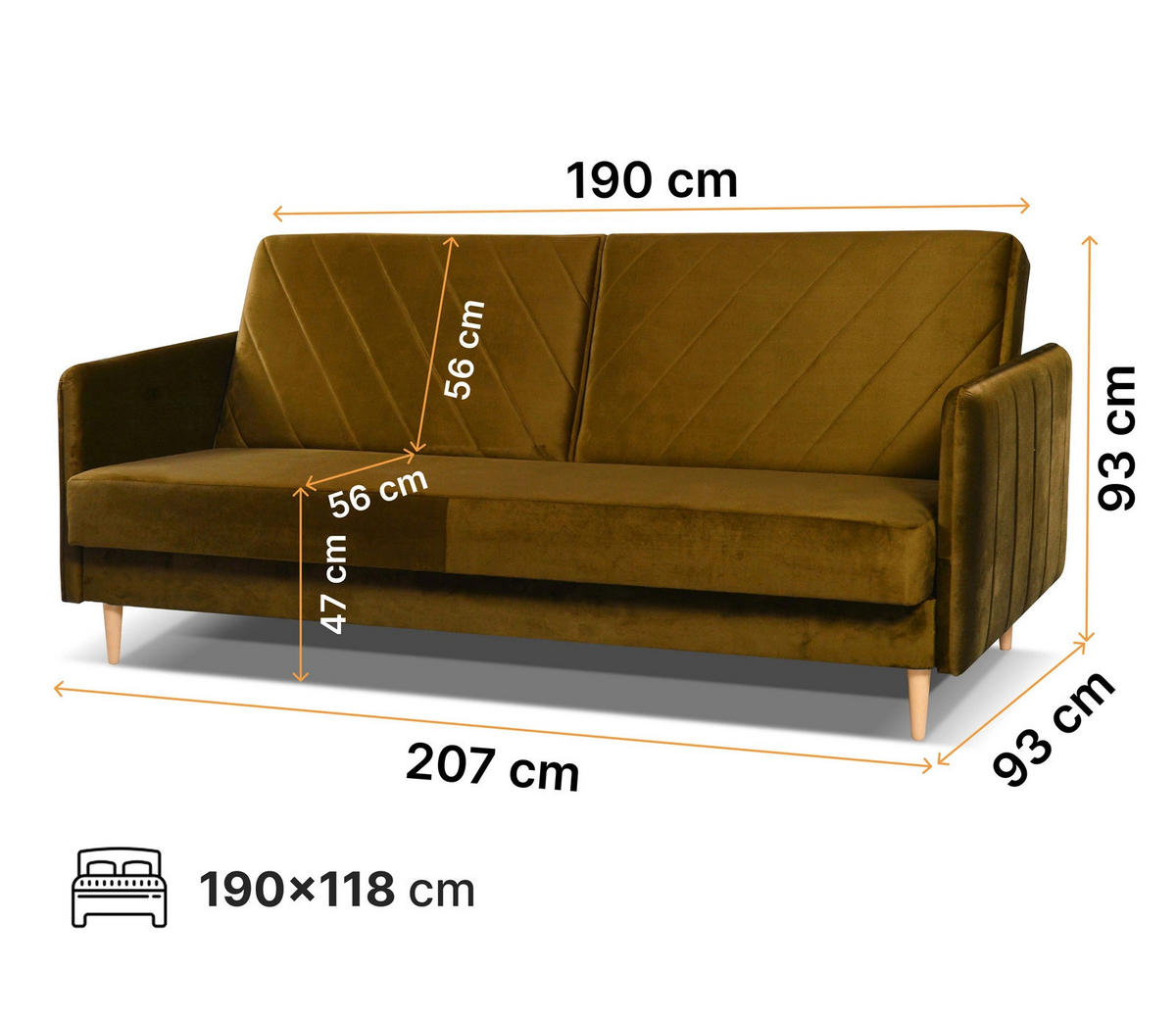 SCHLAFSOFA Vesto Honiggelb Velours - Bettkasten - 207x93 cm - Currygelb, Holz/Holzwerkstoff (207/93/93cm) - Ravio