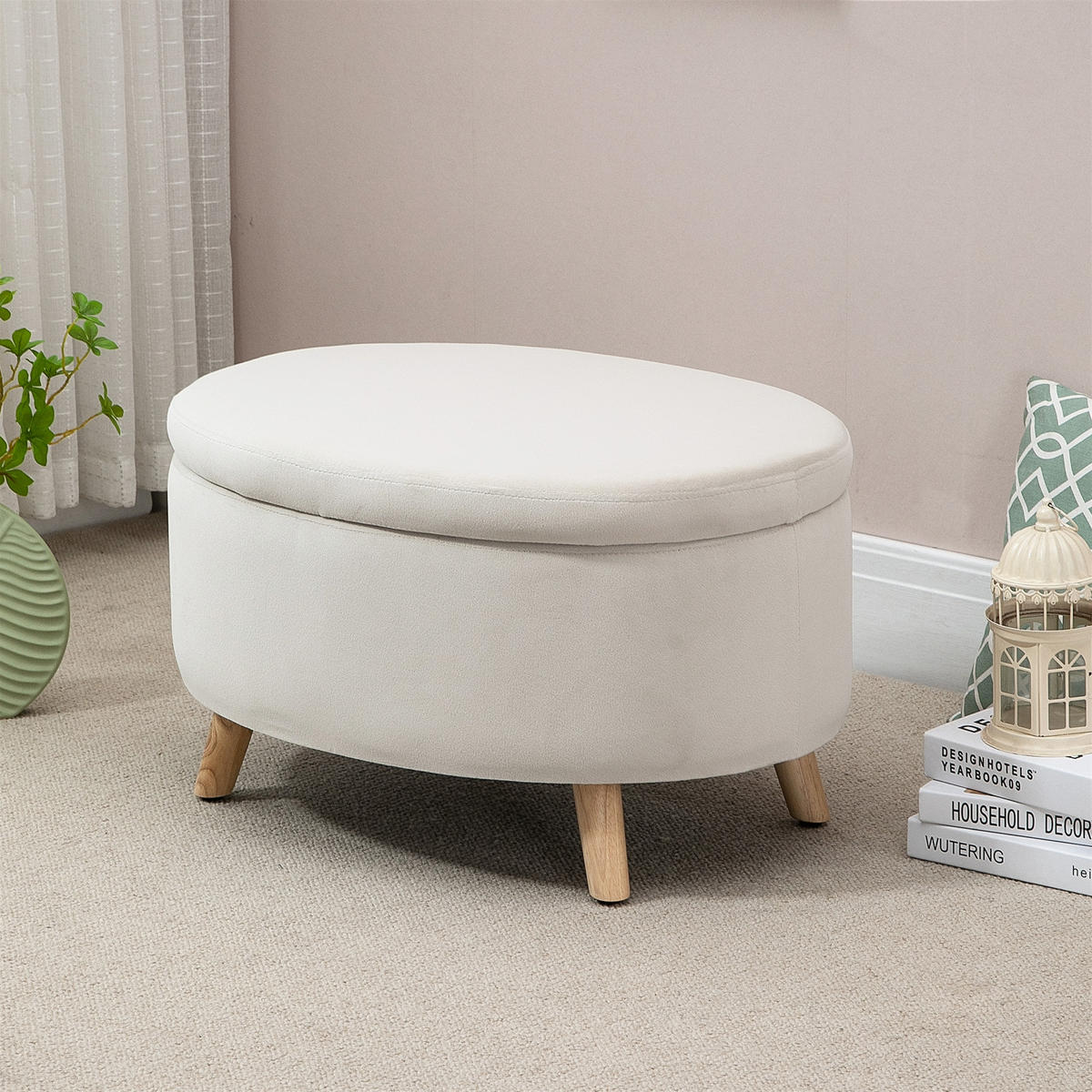 SITZBANK mit Stauraum, Oval Polsterbank mit Deckel, Bettbank mit Samtoptik Beige - Blau, Kunststoff (51.5/42/71cm) - HOMCOM