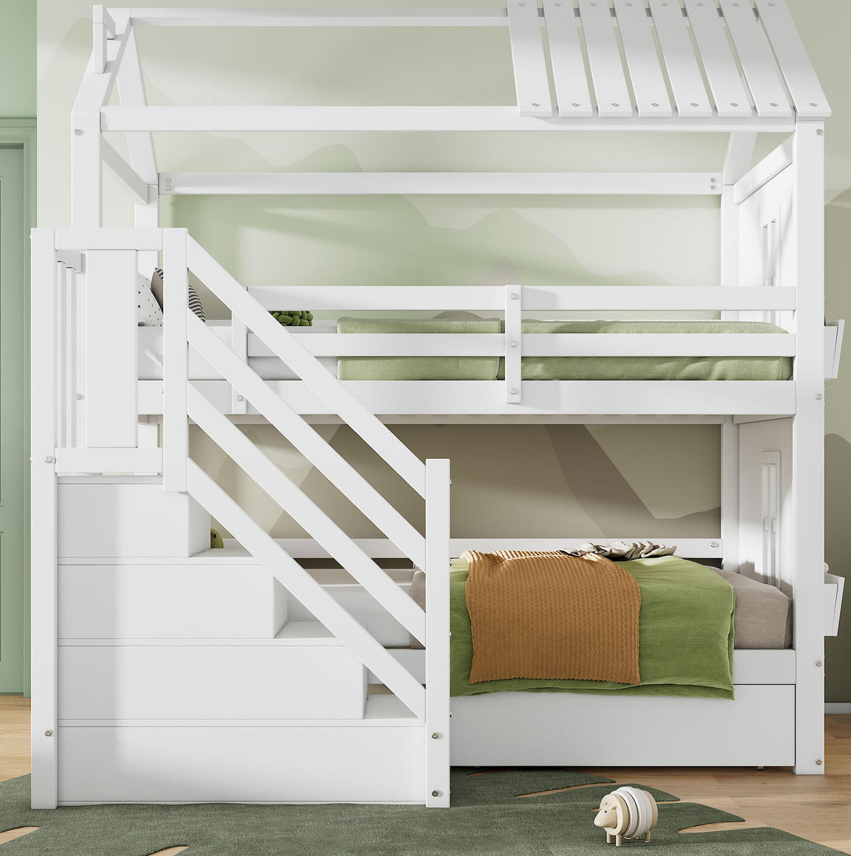 KINDER-ETAGENBETT aus Kiefernholz und MDF 90x200 cm Weiß mit Stauraumtreppe und Schubladen - Weiß, Holzwerkstoff (90/200cm) - IVMEU
