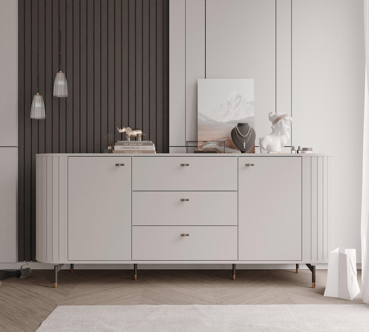 KOMMODE geriffelt, mit drei Schubladen, Kaschmir - Kaschmir, Holzwerkstoff (190/81/40cm) - Idohome