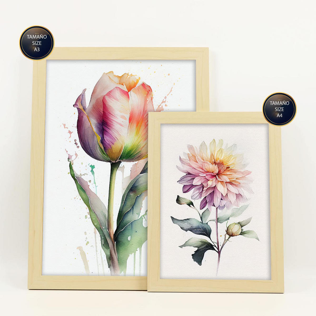 POSTER Set Mit 6 Wilde Blume Größe A3 & A4 Rahmen aus hellem Holz - Beige, Papier (29.7/1cm) - Nacnic