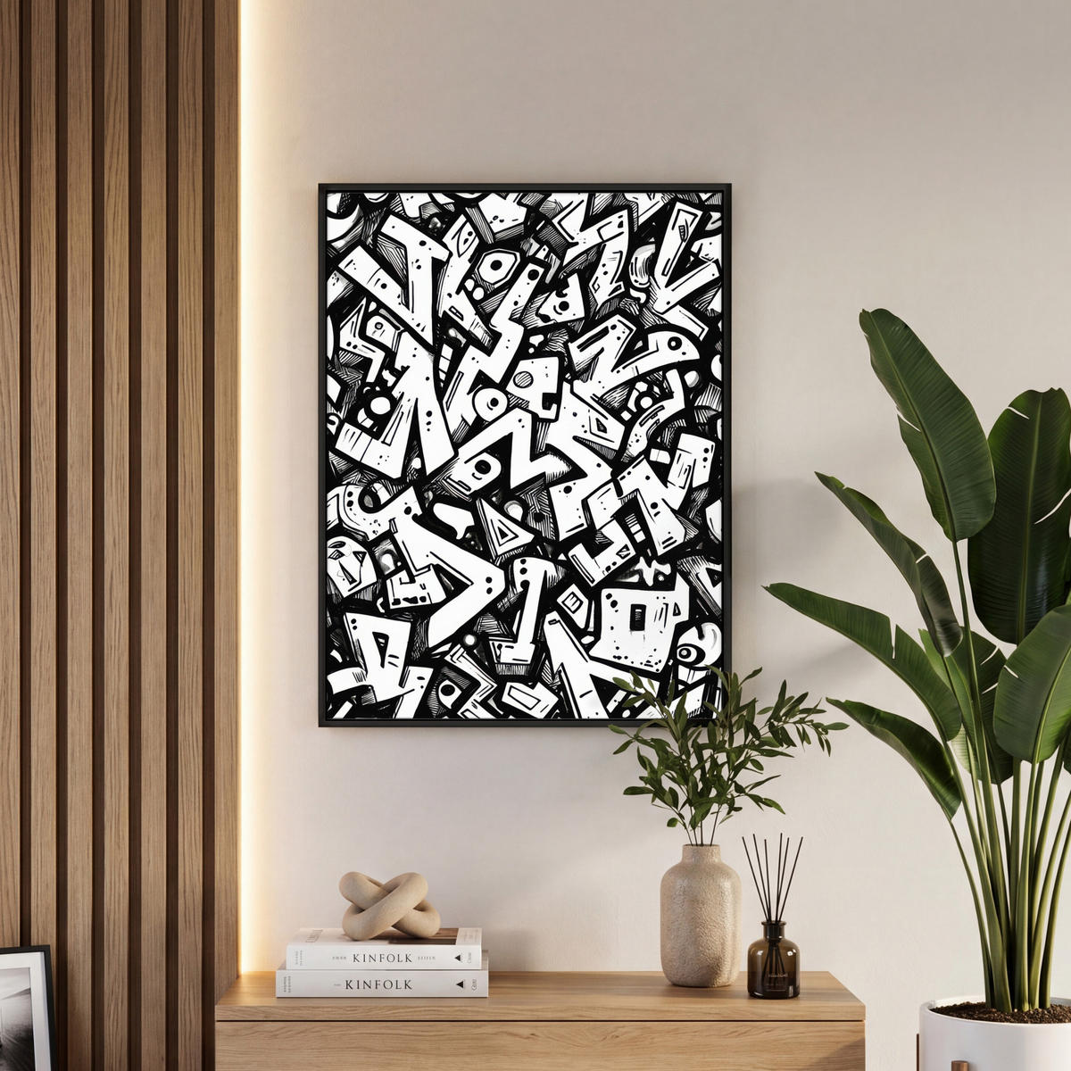 LEINWAND Bilder mit Rahmen - Formen - Buchstaben - Graffiti - Schwarz - 50x70 - Schwarz, Textil (50/70cm) - MuchoWow