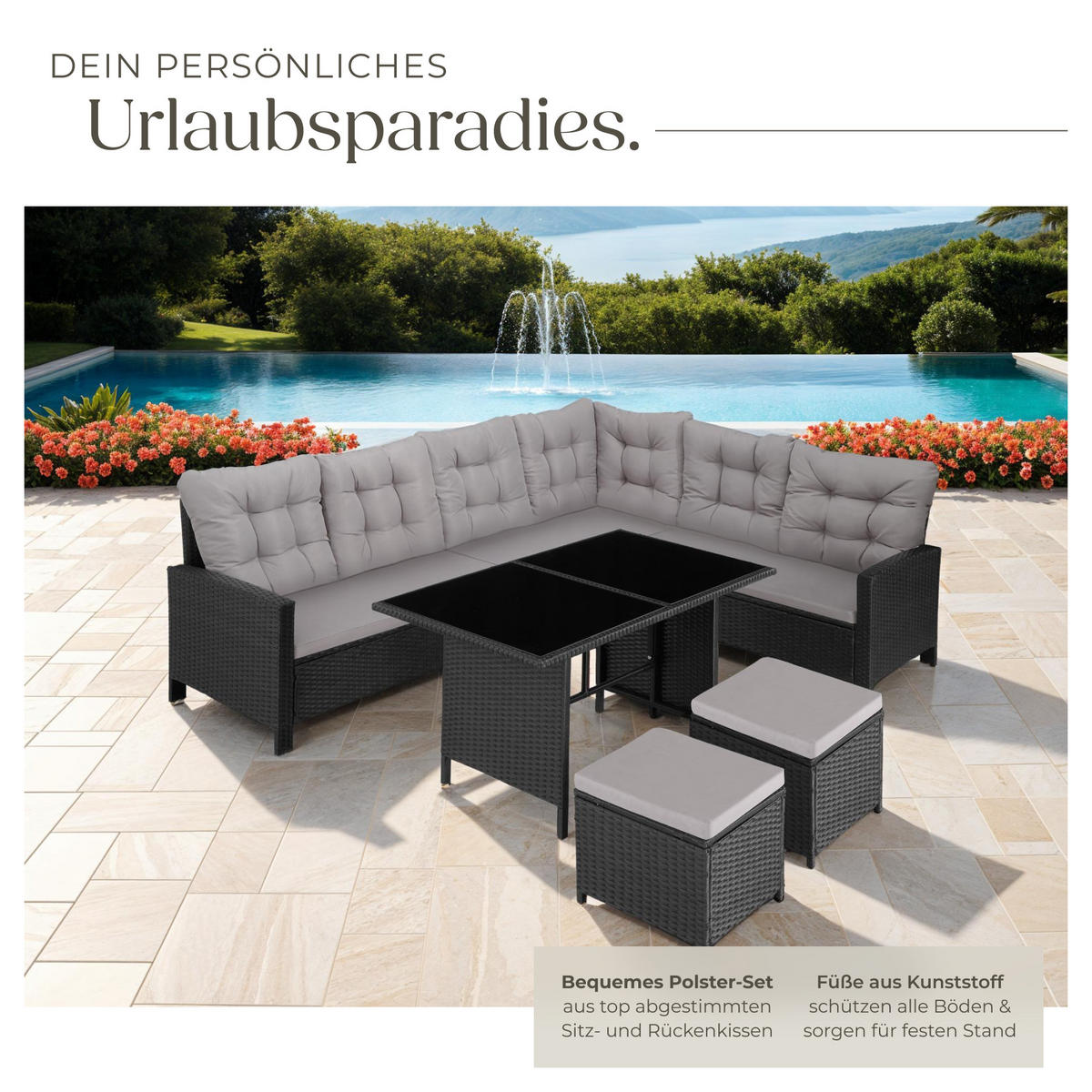 RATTANLOUNGE Barletta,mit Sicherheitsglasplatten,schwarz - Schwarz, Kunststoff - tectake