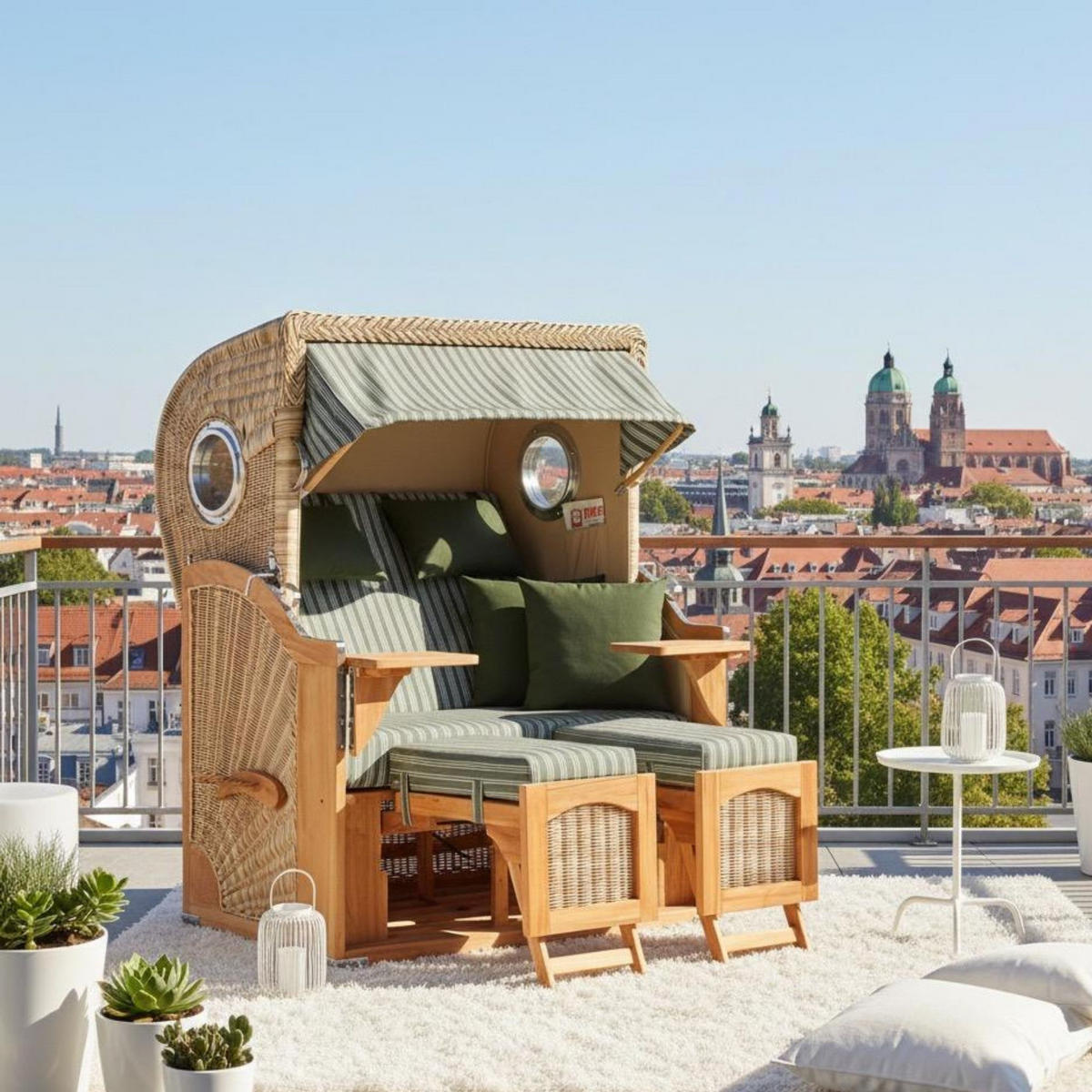 STRANDKORB Düne 2-Sitzer Teak Shell Bullauge - Braun/Grün, Holz/Metall (125/170/80cm) - Mr. Deko