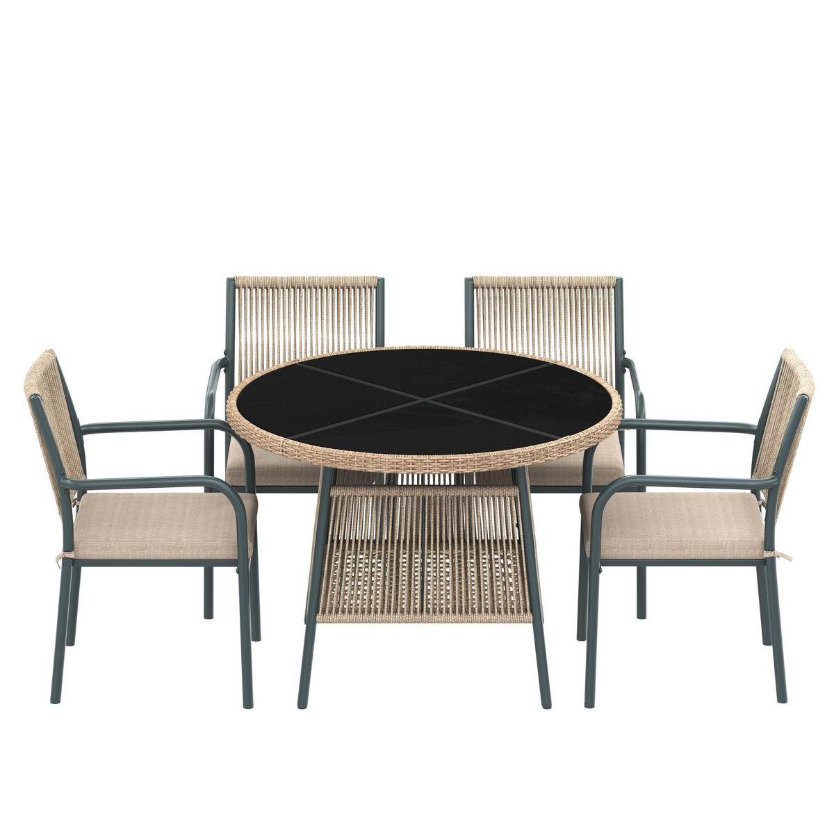GARTENMÖBELSET 110/110/74 cm grau aus Eisen mit Glasplatte und 4 Sesseln - Beige, Metall - OKWISH