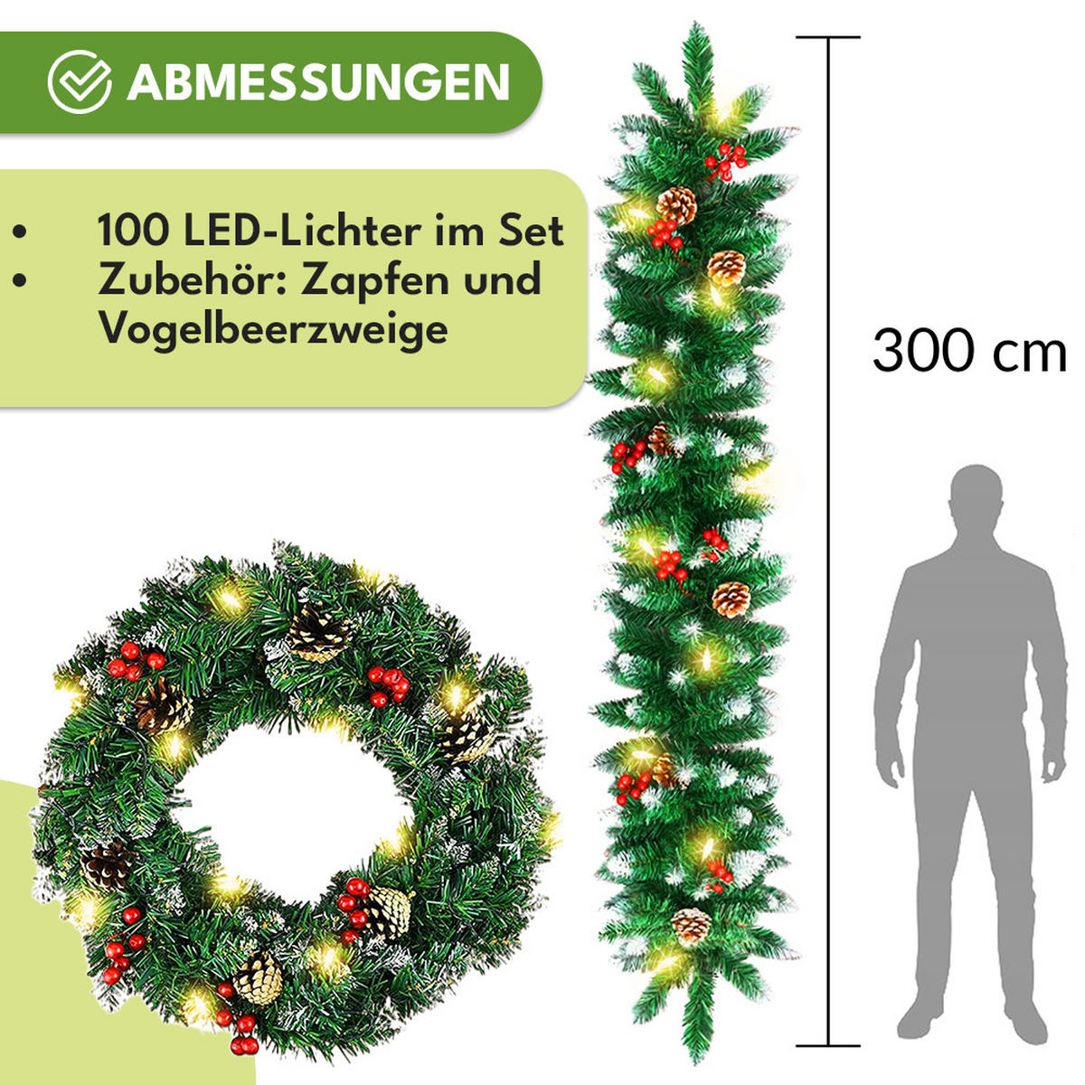 WEIHNACHTSGIRLANDE 3m mit 100 LED - Dunkelgrün, Kunststoff (300cm) - KRUMAD