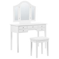 SCHMINKTISCH 3-teiliger Klappspiegel Hocker 5 Schubladen weiß Lumiere - Weiß, Holzwerkstoff (95/144/45cm) - Beliani