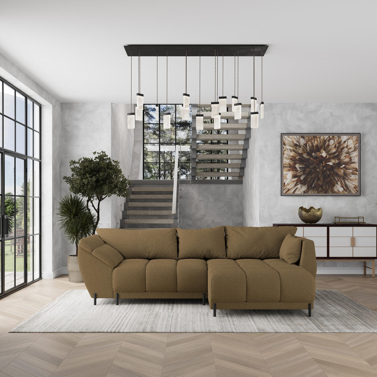 ECKSOFA VESTANO R-S Orange Boucle-Stoff mit Schlaffunktion - Orange, Holz (287/182cm) - MASSENO