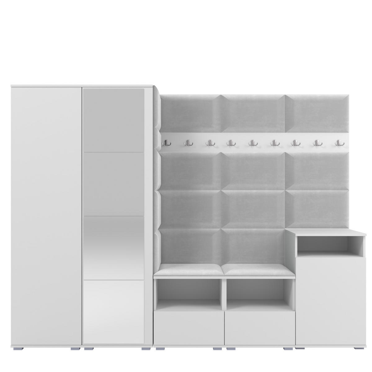 GARDEROBE NELA VIII 250 cm (Modulare Flurmöbel Weiß mit Spiegel & Sitzpolster Hellgrau 32 Set XL) - Silberfarben/Hellgrau, Holz/Holzwerkstoff (250/187/40cm) - Ravio