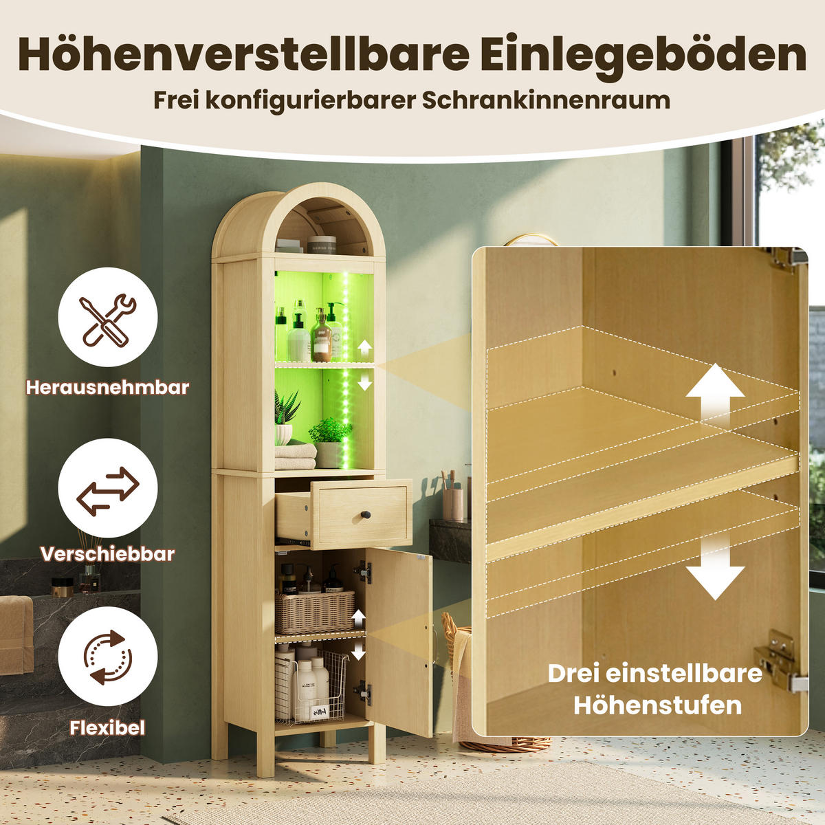 BAD-HOCHSCHRANK Naturholz mit LED und wendbaren Türen - Naturfarben, Holzwerkstoff (40/163/30cm) - Urban Meuble