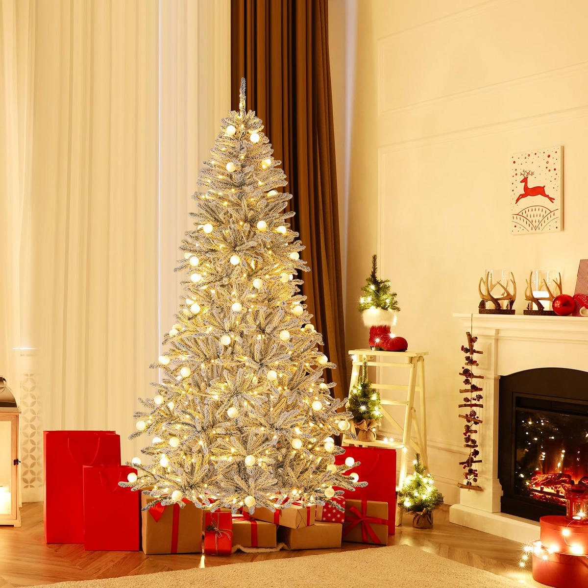 WEIHNACHTSBAUM mit Beleuchtung und Schnee Fernbedienung und Timer 210 cm weiß - Weiß, Metall (180cm) - COSTWAY
