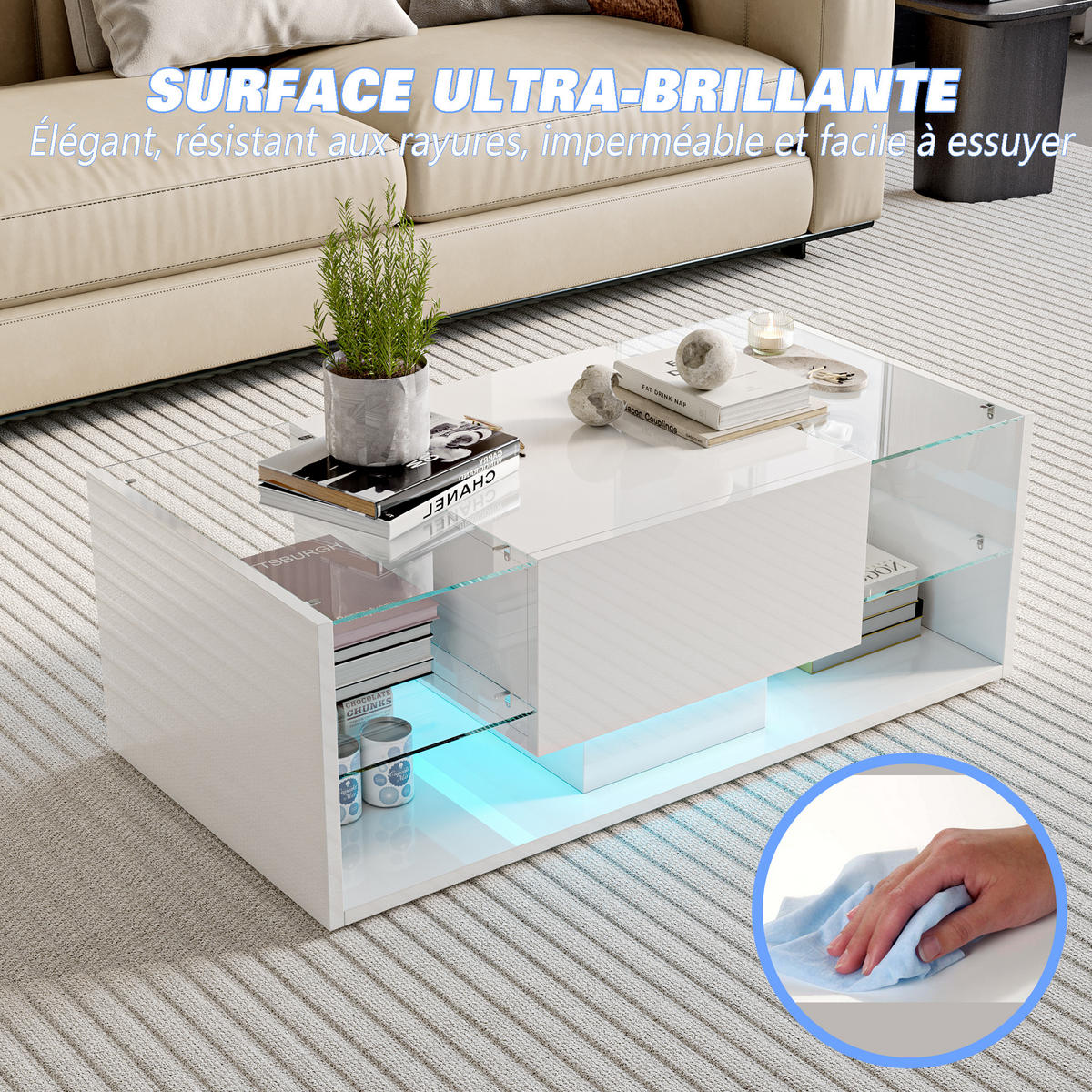 COUCHTISCH LED 100x50x35 cm Glas Hochglanz weiß - Weiß, Holz (50/100/35cm) - LEBENLANG