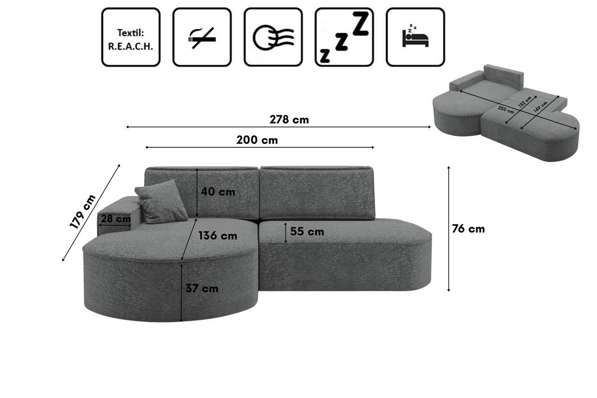 ECKSOFA Modena Pro - Komfort Und Stil stoff Arena Anthrazit Links - Anthrazit, Holz (278/179cm) - Kaiser Möbel