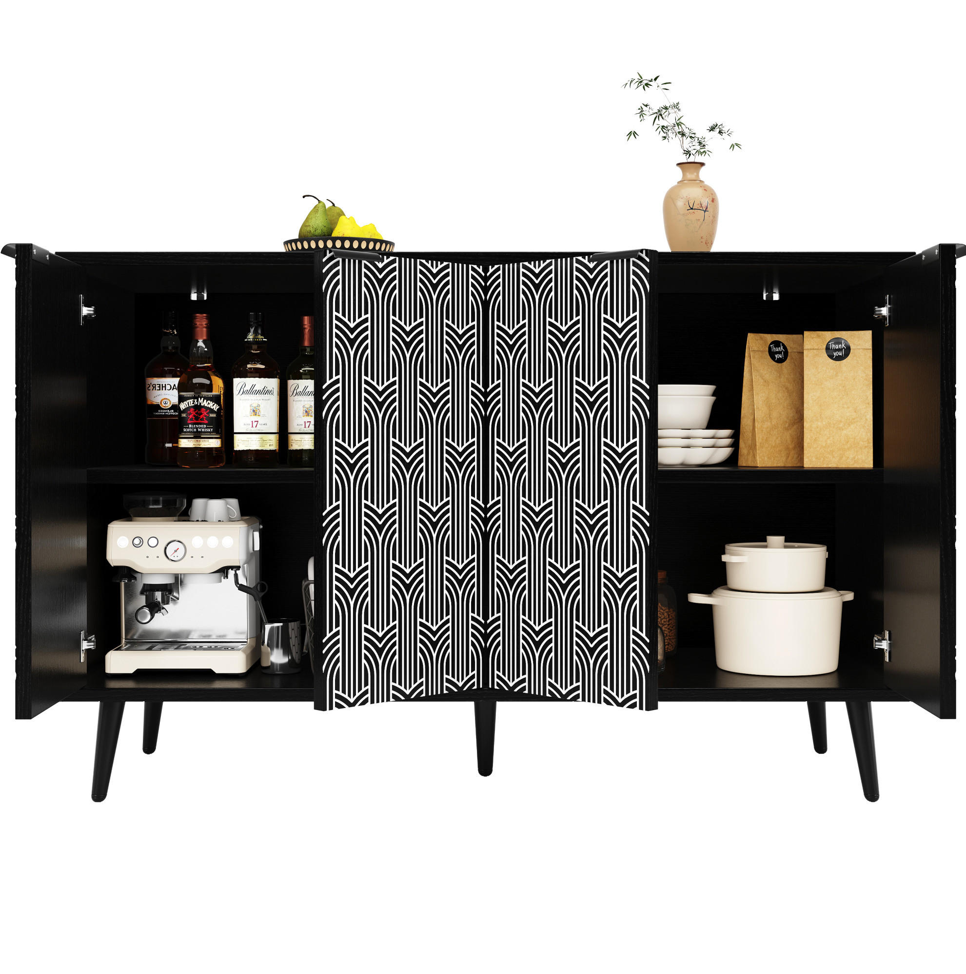 SIDEBOARD 120/35/78 cm mit 2 Türen, Metallbeinen und geometrischer Front - Schwarz, Holzwerkstoff (120/78/35cm) - BEAOK