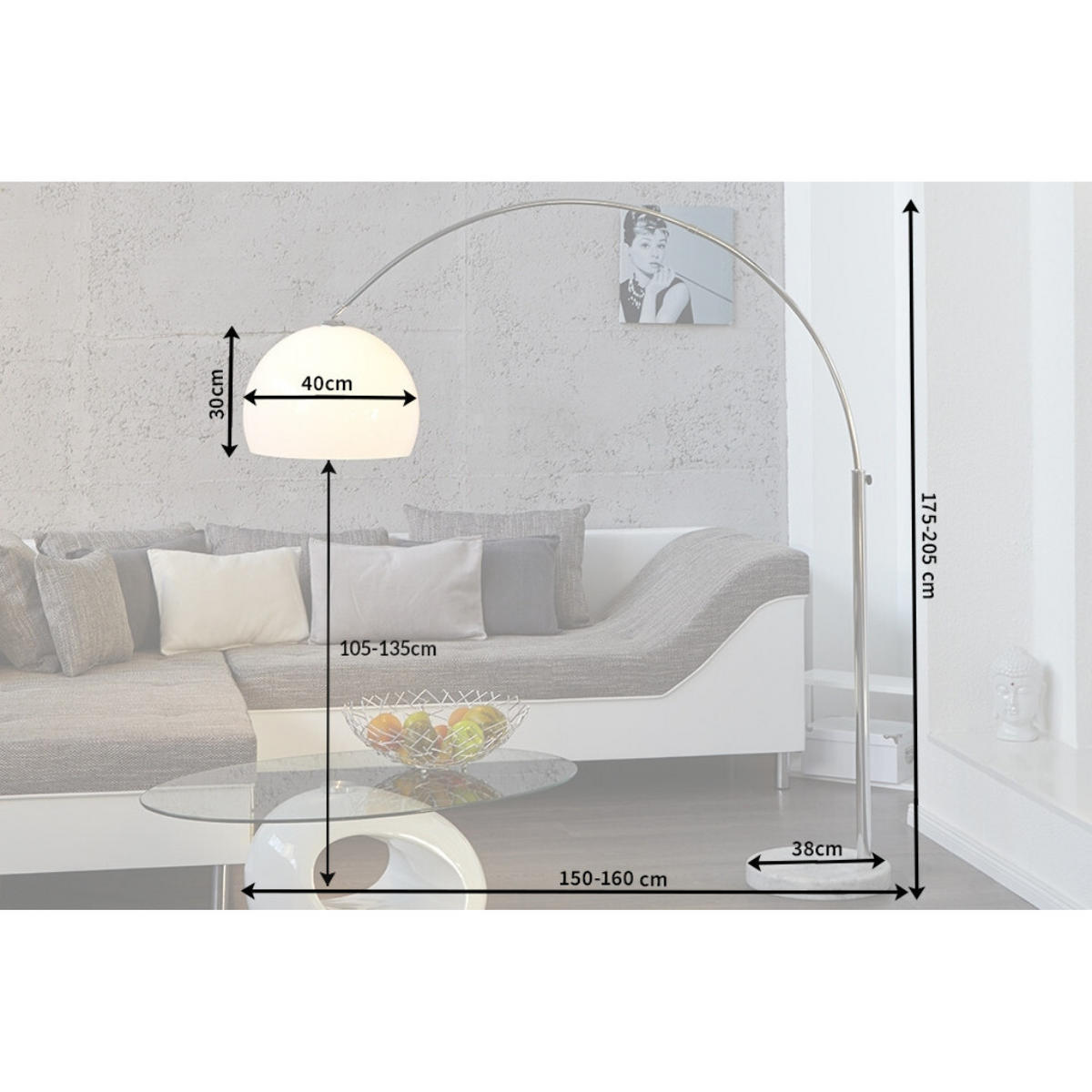 BOGENLAMPE LOUNGE DEAL Marmor Weiß 175-205 cm - Silberfarben/Weiß, Kunststoff/Stein (40/150/175cm) - riess-ambiente