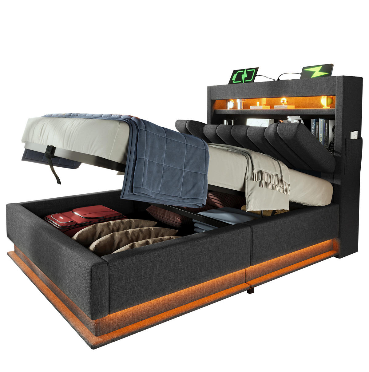 POLSTERBETT 90/200 cm Grau aus Leinen mit Stauraum, LED und Matratze - Grau, Textil (90/200cm) - Flora Grace