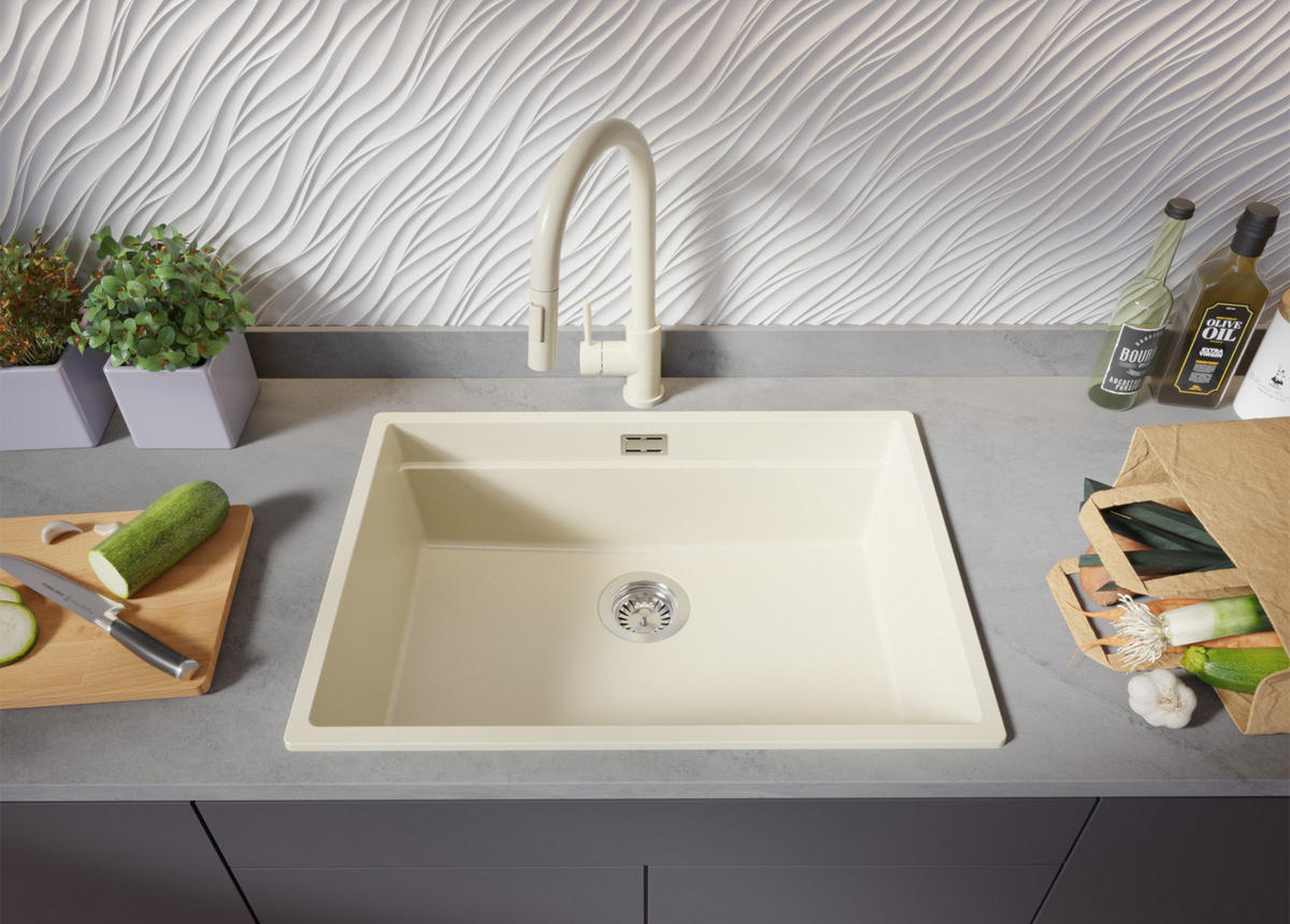 GRANITSPÜLE Praga Slim, 2-er set Beige 66/47 cm 1 Becken + Küchenarmatur 32/20 cm + Ablauf-Set + Aufrollbare Abtropffläche ab 70er Unterschrank - Chromfarben/Beige, Kunststoff (66/20/47cm) - Primagran