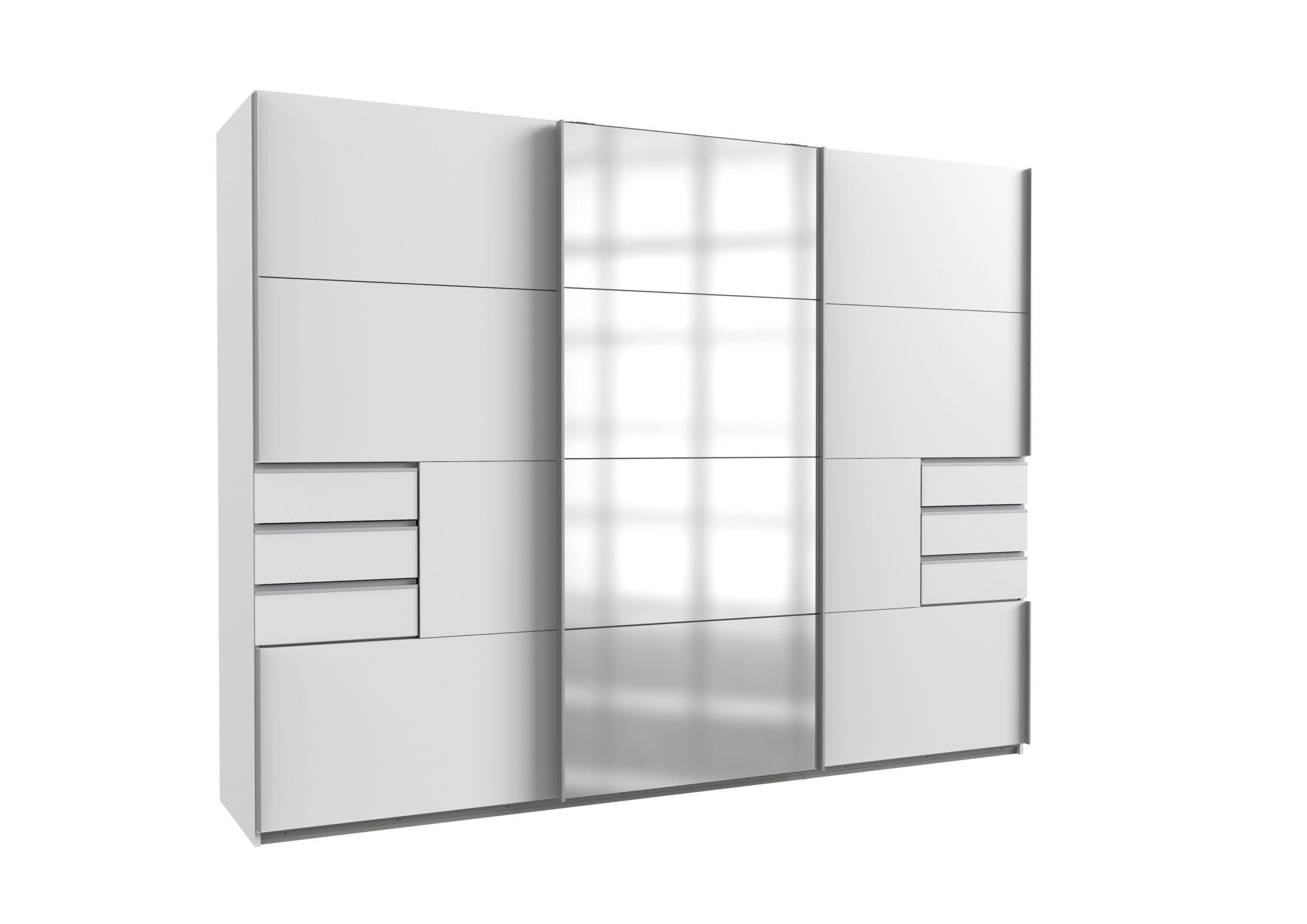 KLEIDERSCHRANK Saigon in Weiß und Alu-Griffen mit einer Spiegel Türfront – Schwebetürenschrank 3 türig - 270 cm Breite - Weiß, Holzwerkstoff (80/200/120cm)