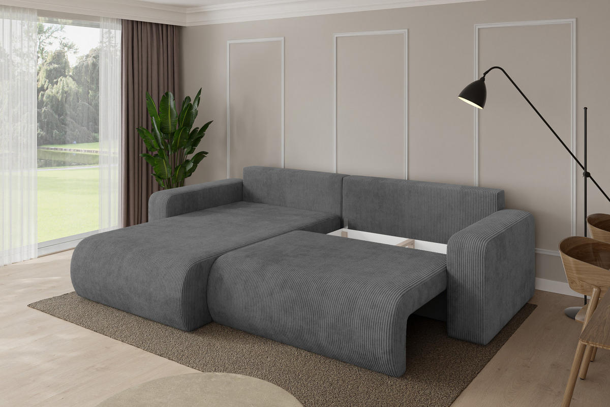 ROHOVÁ SEDAČKA s funkcí spaní, otoman vlevo BERY-L 276x193x88 tmavě šedá manšestr - černá/tmavě šedá, kompozitní dřevo/textil (276/193cm) - ALTDECOR