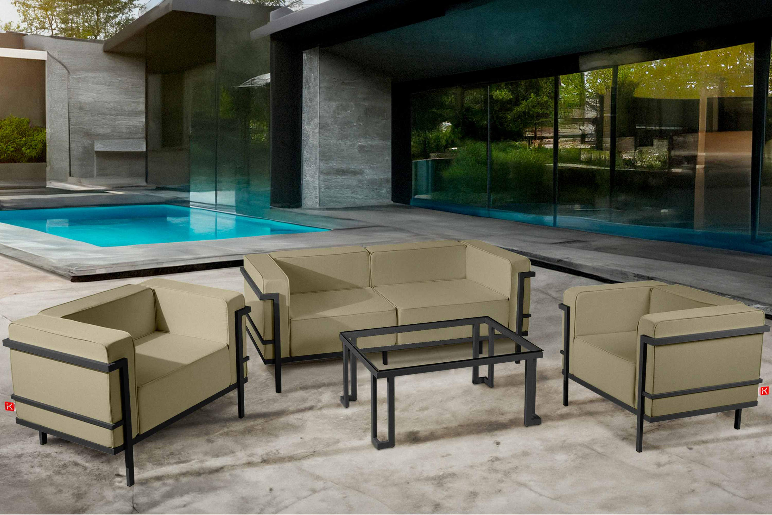 GARTENLOUNGE-SET TRIGLO 4-tlg., 1x Tisch, 2x Sessel, 1x Sofa 2-Sitzer, Modern, Dunkelgrau/Beige - Dunkelgrau/Beige, Textil/Metall - KONSIMO®